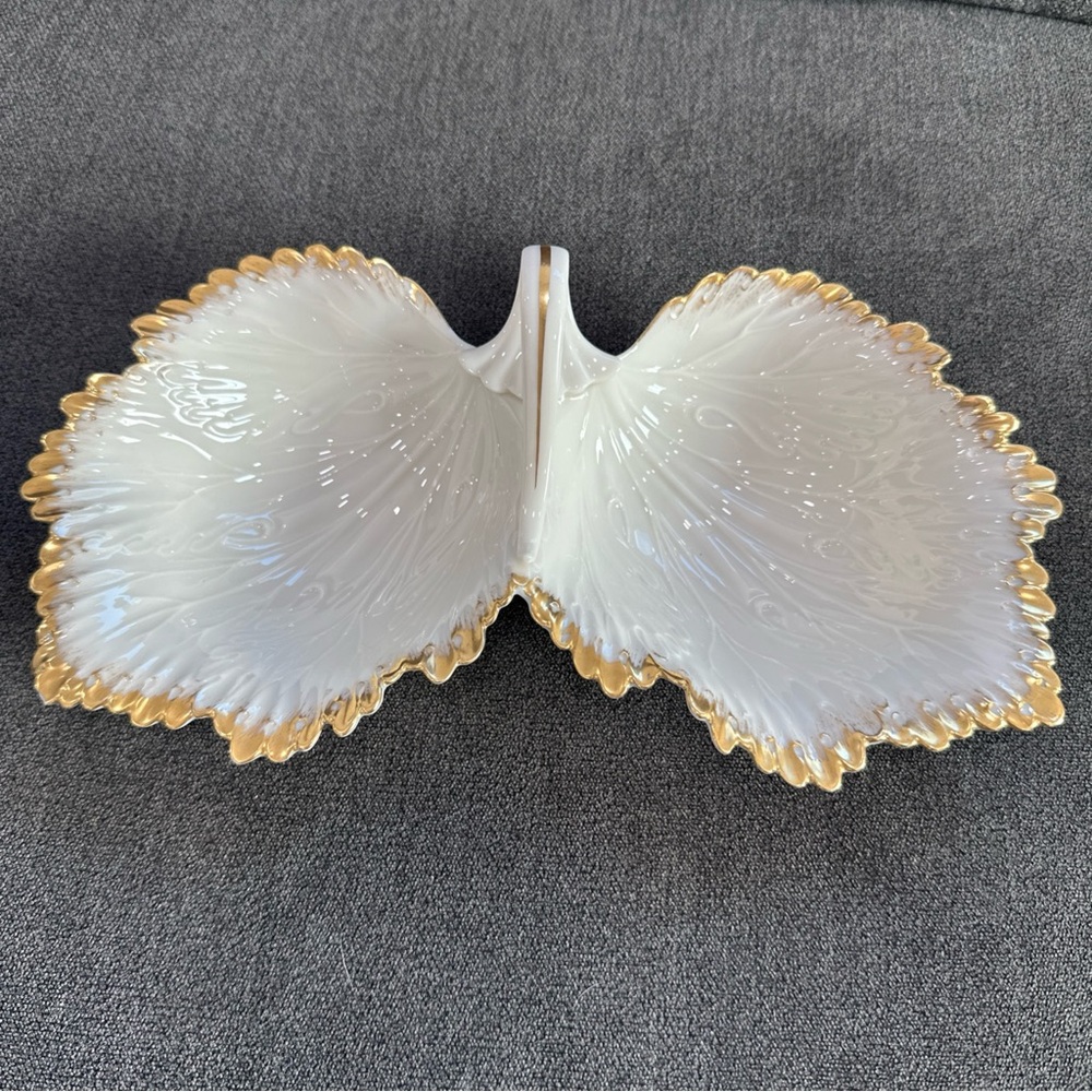 LENOX Vintage Double Leaves Candy Nut Dish 24k Gold Accent - Green Stamp USA